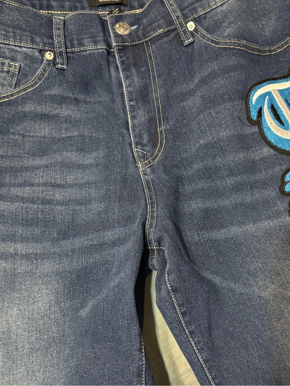 True Religion Men's Blue Denim Jeans with Light-Blue Patch Logos